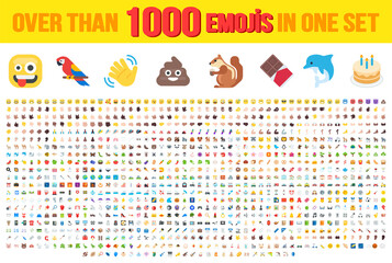 Set of over than 1000 emoji, vector illustration icons. Human, sport, transportation, flags of the world, wear, food, time, horoscope, tools, emoticons. Set of 1000 Minimalistic Solid Line Colored