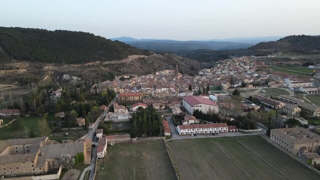 Aerial views from Rubielos de Mora, Teruel, Arag&oacute;n, Spain. Drone is flying near the town during the sunset
