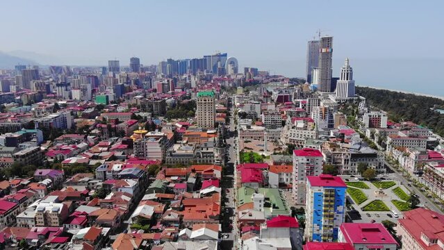 Beautiful aerial view of the beautiful buildings of the city of Batumi in Georgia.  Embankment of the resort town.