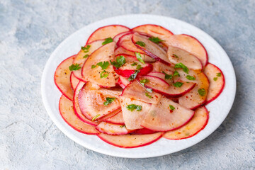 Turkish appetizers; sliced radish appetizer with sour, Turkish name; Turp mezesi