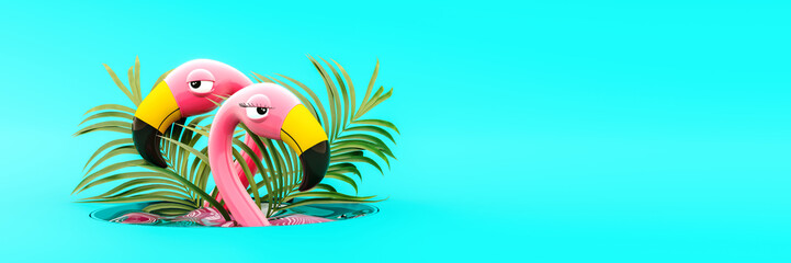 Pink flamingo couple in water with palm leaf decoration on turquoise blue summer background 3D Rendering, 3D Illustration