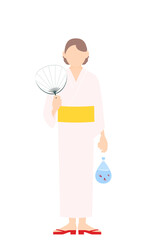 女性の浴衣姿、うちわと金魚を持つ、夏祭りのイメージ