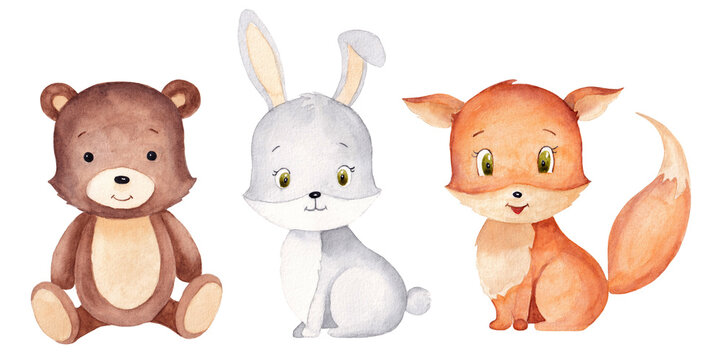 Woodland baby animals set. Watercolor illustration of fox, bear, rabbit for nursery.