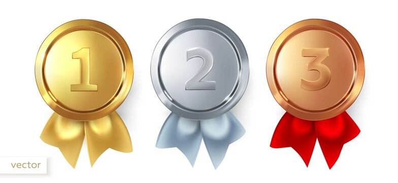 Gold, silver and bronze medals. A set of medals for first, second and third place. For winners and champions with ribbon. Trophy for first place. Vector illustration