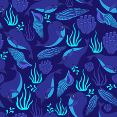 Fototapeta na wymiar Summer colourful baby pattern, blue little whales, shells, blue background. Seamless pattern, kawaii, vector.