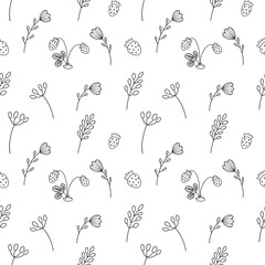 Fototapeta na wymiar Vector seamless pattern with wildflowers and strawberry. Illustration for fabric, textile, wallpaper, background.