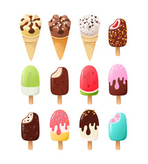 Ice cream cones and popsicles with various flavours, icings toppings and sundae. Ice cream dessert food in chocolate strawberry and vanilla glazing and chocolate chips  Vector illustration part 3 of 3
