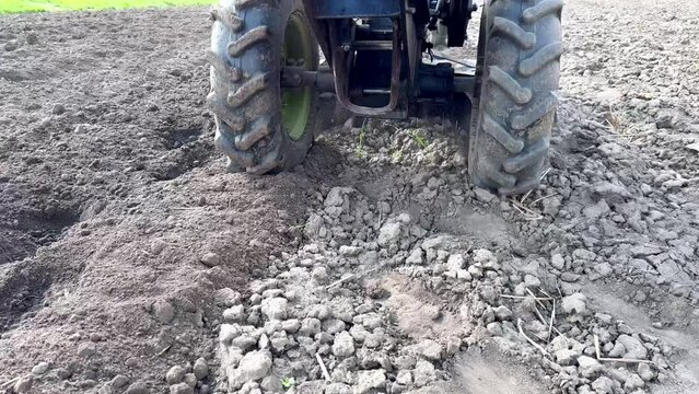 A tractor in the field cultivates the soil. Minitractor plows the field. The motoblock works in a garden