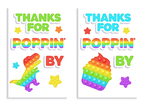 Set of 2 Birthday Popit rainbow favor cards in fidget toy style. Pop it party design as a trendy silicone toy for fidget in bright color. Bubble sensory toy on favor tag for gift wrap. Vector