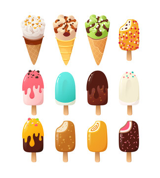 Cartoon ice cream and popsicles with various flavours, icings, toppings waffle cones and sundae. Ice cream dessert food in chocolate strawberry and vanilla glazing.   Vector illustration part 2 of 3
