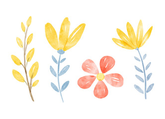Watercolor set of simple flowers. Hand-drawn illustration isolated on the white background