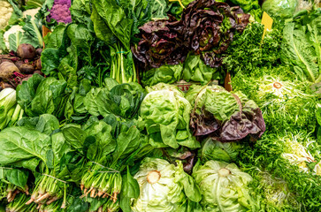 Vegetable market. Stall with fresh green vegetables