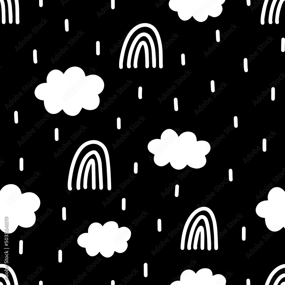 Poster monochrome rain rainbow cloudy sky minimalistic hand drawn style vector seamless pattern isolated on