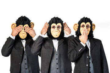 Monkeys men making see, hear and shut up gestures