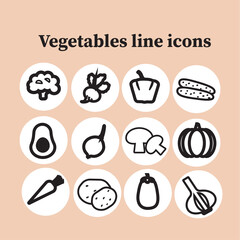 Vegetables line icons. Set of healthy vegetables on the round stickers. Vector illustration in black and white.