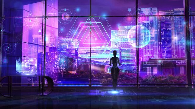 Sci-fi plot with robot and data array, 3D render