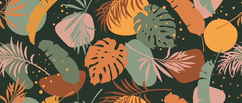Modern exotic seamless pattern. Tropical leaves. Palm foliage, abstract forms. Print for luxury fashion fabric, clothes, wallpaper. Hand drawn collage style, warm, retro earthy colors. Grunge texture.