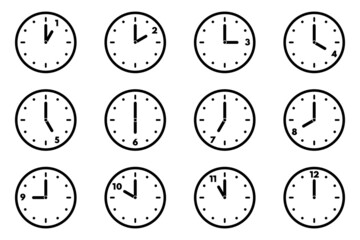 Set of analog clock icon for every hour. 12 hour clock - obrazy, fototapety, plakaty
