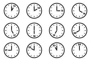Set of analog clock icon for every hour. 24 hour clock
