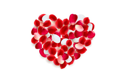 Heart made of red, pink and white rose petals.