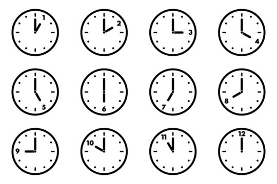 Set of analog clock icon for every hour. 12 hour clock