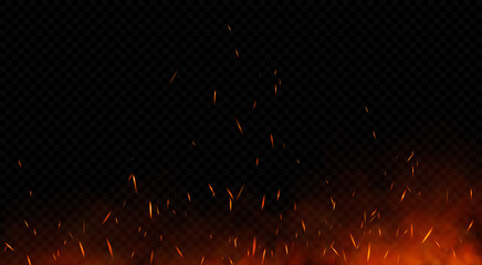 Fototapeta na wymiar Vector red fire sparks flying up. Burning glowing particles. Flame of fire with sparks isolated on a black transparent background.