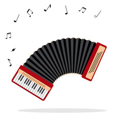 Playing accordion with musical notes isolated on white background. Keyboard Accordion icon. Classical musical instrument for music concert. Flat or cartoon Vector illustration.