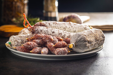 Traditional sausage with white mold. Dried pork salami on plate.