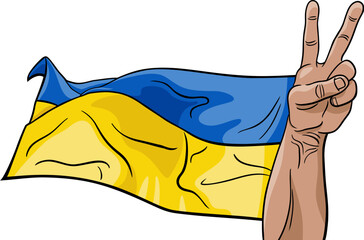 Ukrainian flag and hand in a gesture of victory vector illustration - obrazy, fototapety, plakaty