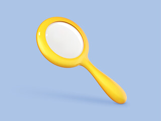 3D yellow magnifying glass icon isolated on blue background. Vector 3d illustration plastic volumetric magnifying glass.