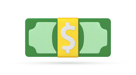 3D cartoon dollar bill.  Banknote dollar green cash.  Money saving, exchange, finance and budget concept. Vector 3d illustration