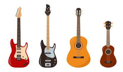 Set of Guitar icons. Acoustic, Bass, Wooden stringed guitar and Ukulele musical instrument isolated on white background. Vector illustration in flat or cartoon style.