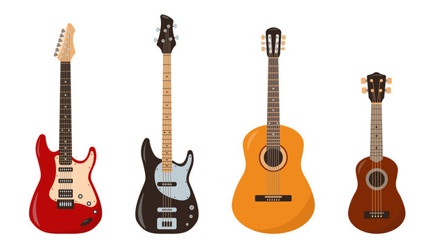 Set of Guitar icons. Acoustic, Bass, Wooden stringed guitar and Ukulele musical instrument isolated on white background. Vector illustration in flat or cartoon style.