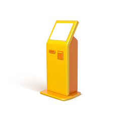 3D cartoon payment terminal. Promotional interactive information kiosk. Advertising display. Terminal stand. Touch screen display. Vector 3d illustration