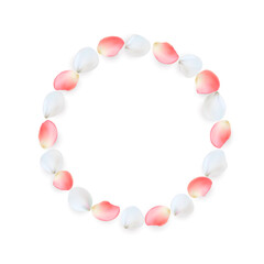 Round frame made of rose petals. White and pink petals arranged in a circle.