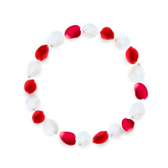 Round frame made of rose petals. White and red petals arranged in a circle.