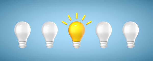 3D cartoon yellow light bulb as a symbol of an idea. Thinking, good idea and business success creative concept. Vector 3d illustration