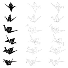 Set of origami crane vector outline, silhouette and dashed illustration icon isolated on white background. Japanese traditional origami crane for infographic, website or app.