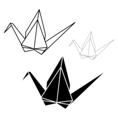 Set of origami crane vector outline, silhouette and dashed illustration icon isolated on white background. Japanese traditional origami crane for infographic, website or app.
