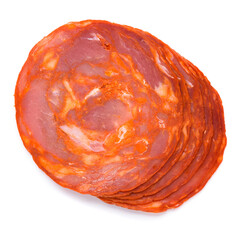 Spanish chorizo salami sausage slices, with pork meat and paprika, isolated on white background top...