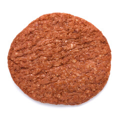 One breaded burger patty, intermediate good food, isolated on white background top view flat lay