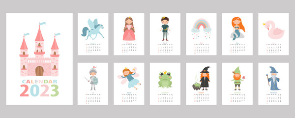 Fairytale Calendar for 2023, with cartoon characters, princess, prince, fairy, pegasus, stargazer, swan, knight, witch, mermaid, gnome, castle.