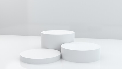 Empty podium or pedestal display on white background with cylinder stand concept. Blank product shelf standing backdrop. 3D rendering.