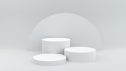Empty podium or pedestal display on white background with cylinder stand concept. Blank product shelf standing backdrop. 3D rendering.