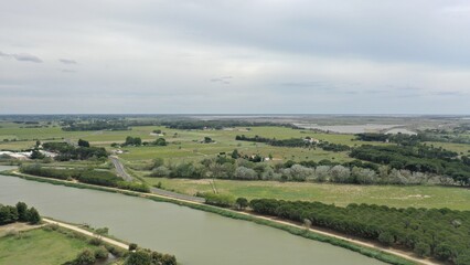 vue aérienne La Tour Carbonnière en Petite Camargue. Saint-Laurent-d'Aigouze. Près d'Aigues-Mortes. France, Gard, région Occitanie.