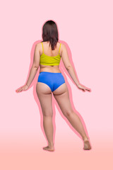 Body liposuction, fat and cellulite removal concept, overweight female body, back, buttocks, legs on pink background - obrazy, fototapety, plakaty