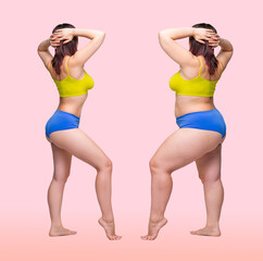 Woman's body before and after weight loss on pink background