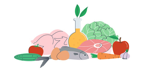 Food Set of fresh organic naturally grown farm food. Vegetables and meat. Flat vector illustration. Eps10