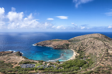Aerial drone view of famous Hanauma Bay and its beach.  The beach is known for snorkeling.