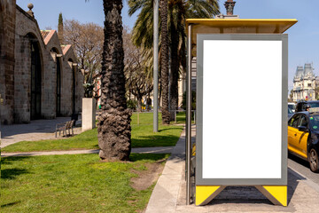 Bus stop mockup in Europe. Vertical empty blank white poster or billboard in the city street. Mock...